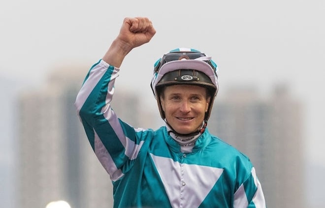 James McDonald celebrates after another victory on Romantic Warrior. Photo: HKJC