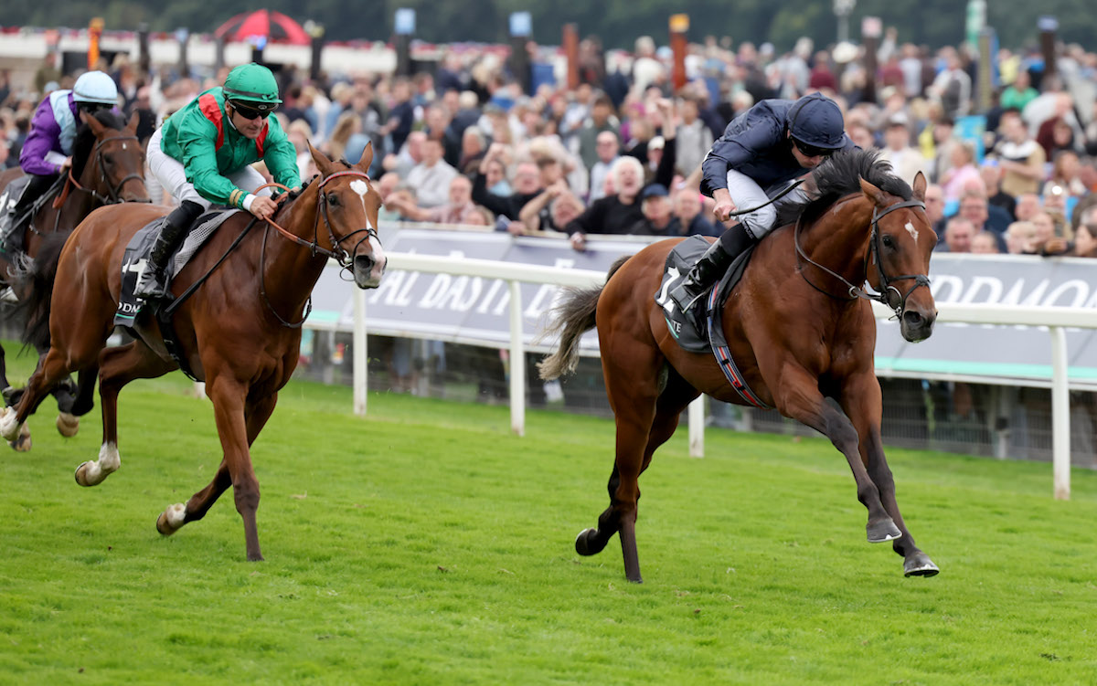 City Of Troy (Ryan Moore) beats Calandagan in the 2024 Juddmonte International. Photo: Dan Abraham / focusonracing.com