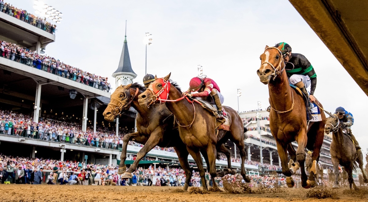 Mystik Dan (rails) holds off Sierra Leone (left) and Japanese-trained Forever Young (centre, red blinkers) in a thrilling finish to the Kentucky Derby in 2024. Photo: Sipa US/Alamy Live News