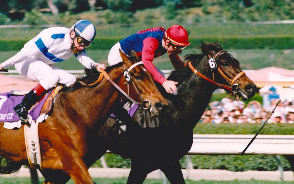 A closer look at the final strides of the 1993 Breeders’ Cup Distaff reveals Delahoussaye’s whip spinning away. (Santa Anita photo)