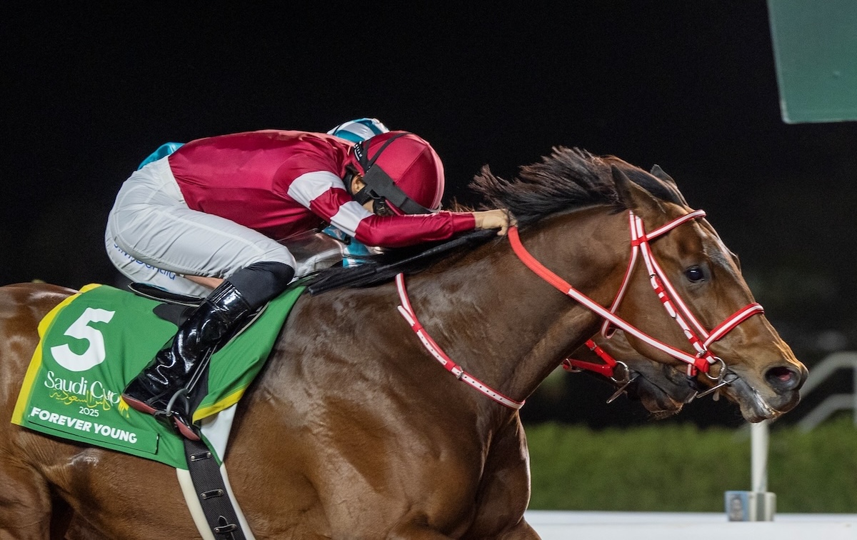 Forever Young (Ryusei Sakai) masters Romantic Warrior to claim the Saudi Cup. Photo: Jockey Club of Saudi Arabia / Mathea Kelley