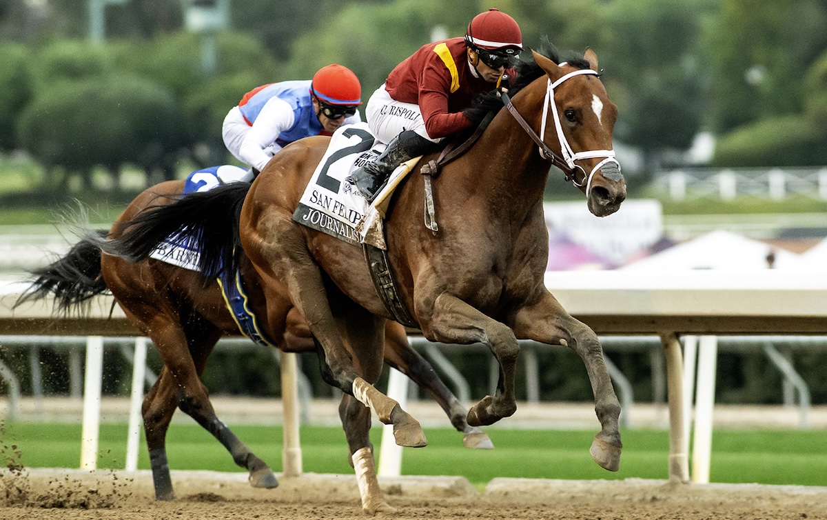 Journalism (Umberto Rispoli) bursts the Barnes bubble at Santa Anita. Photo: Benoit