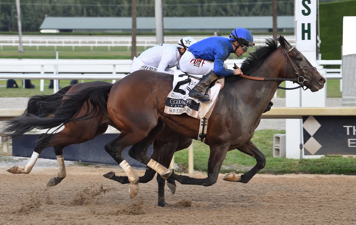 Sovereignty (Junior Alvarado) nails River Thames. Photo: Gulfstream Park