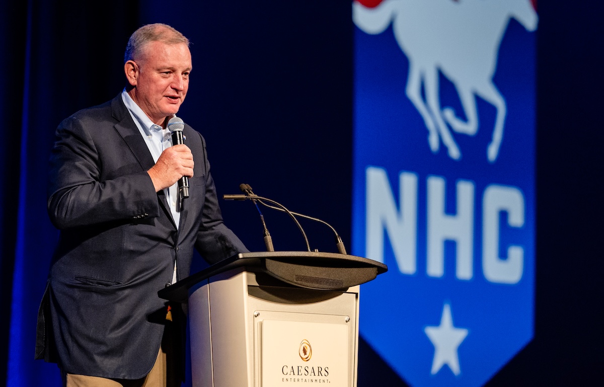 Presidential address: former Republican congressman Tom Rooney speaking at the NHC (National Horseplayers’ Championship) final in Las Vegas. Photo: NTRA